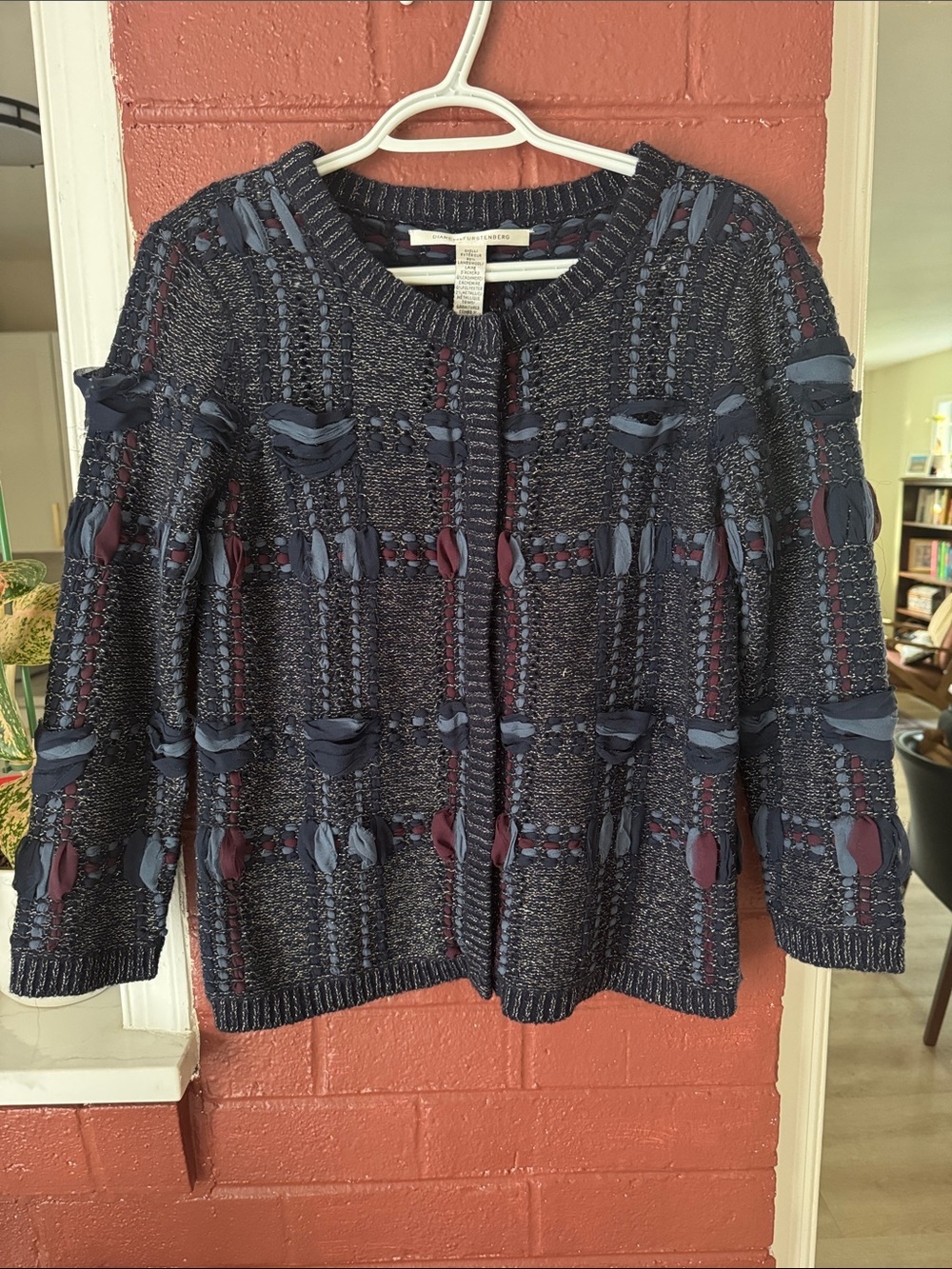 Diane Von Furstenberg Vintage Navy Lurex Knit Button Font Hurleigh Cardigan S